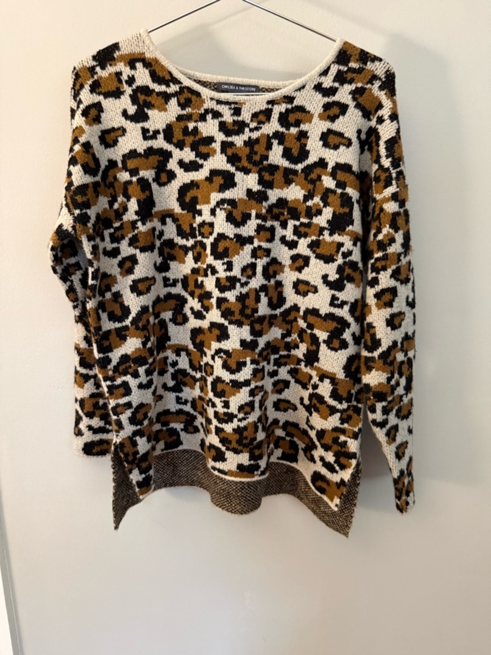 Chelsea & Theodore Leopard Print Crewneck Sweater - Cream, Brown & Black